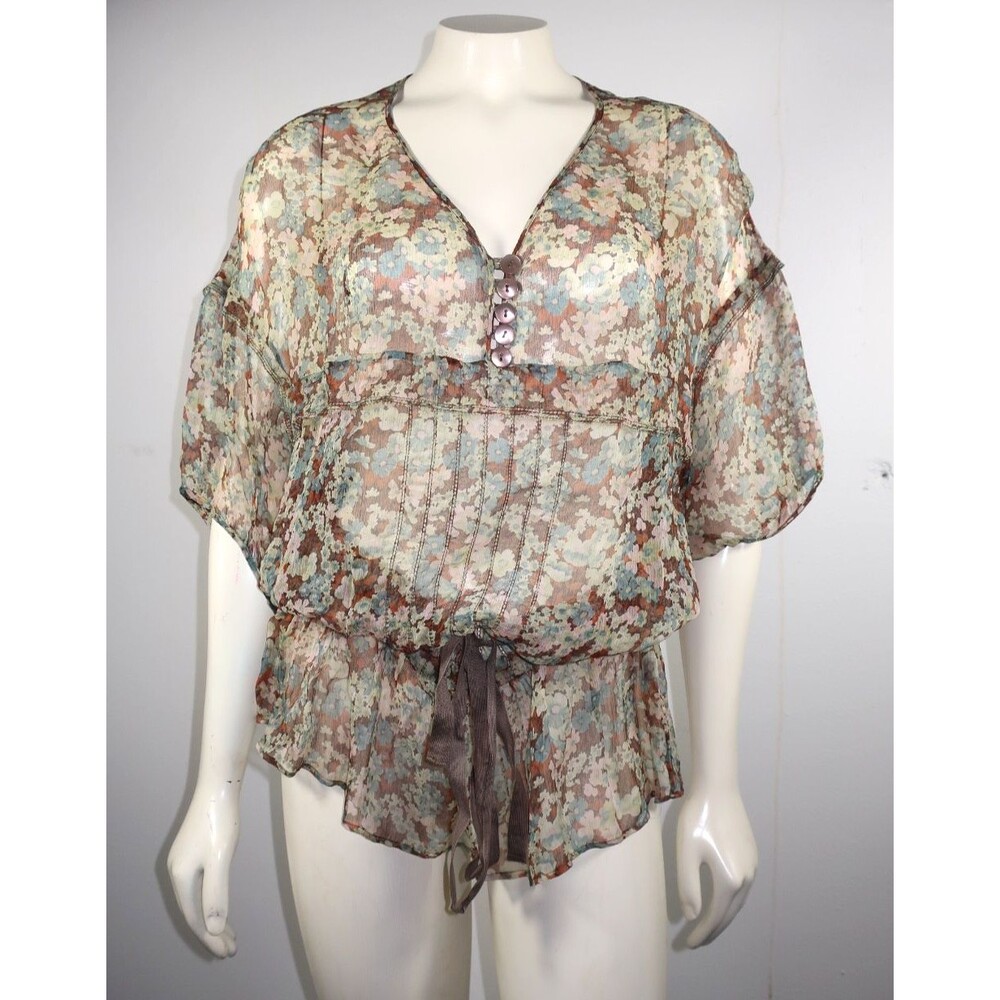 Stella McCartney Sheer Silk Blouse Size 36 Floral Cinched Waist Ruffles S  2 4